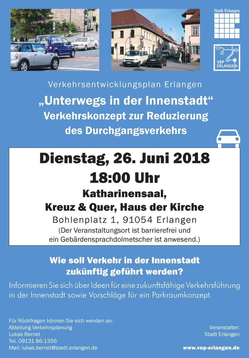 Bürgerinformationsveranstaltung "Unterwegs in der Innenstadt - Verkehrskonzept zur Reduzierung des Durchgangsverkehrs" morgen Abend 18:00 Uhr, Katharinensaal, Kreuz &amp; Quer. Thema: Vorstellung eines Stufenkonzeptes zur Entlastung der Innenstadt vom Durchgangsverkehr. #VEP_ER