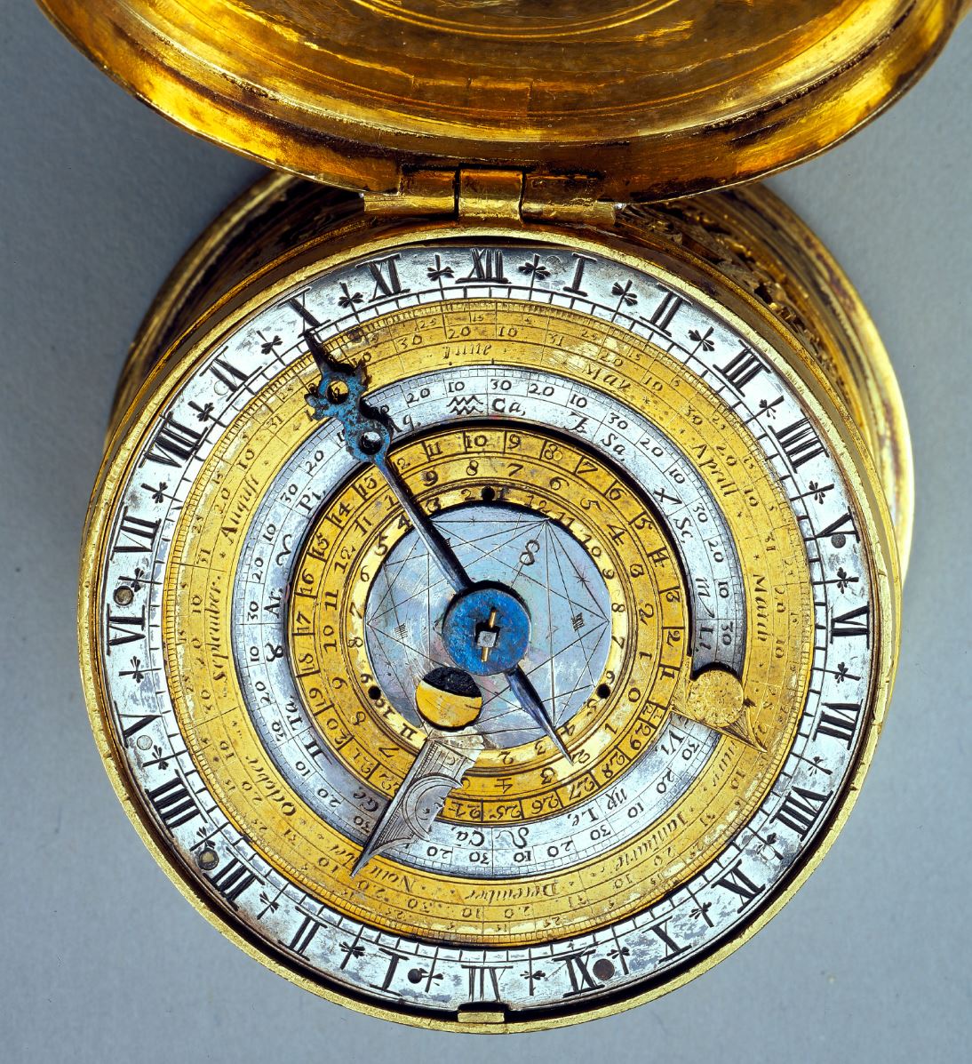 Nicholas Vallin’s astronomical annual calendar and moon phase, gilt and silver drum table clock, c 1600. 
#AstronomyAndZodiac #TableClock #Bonhams