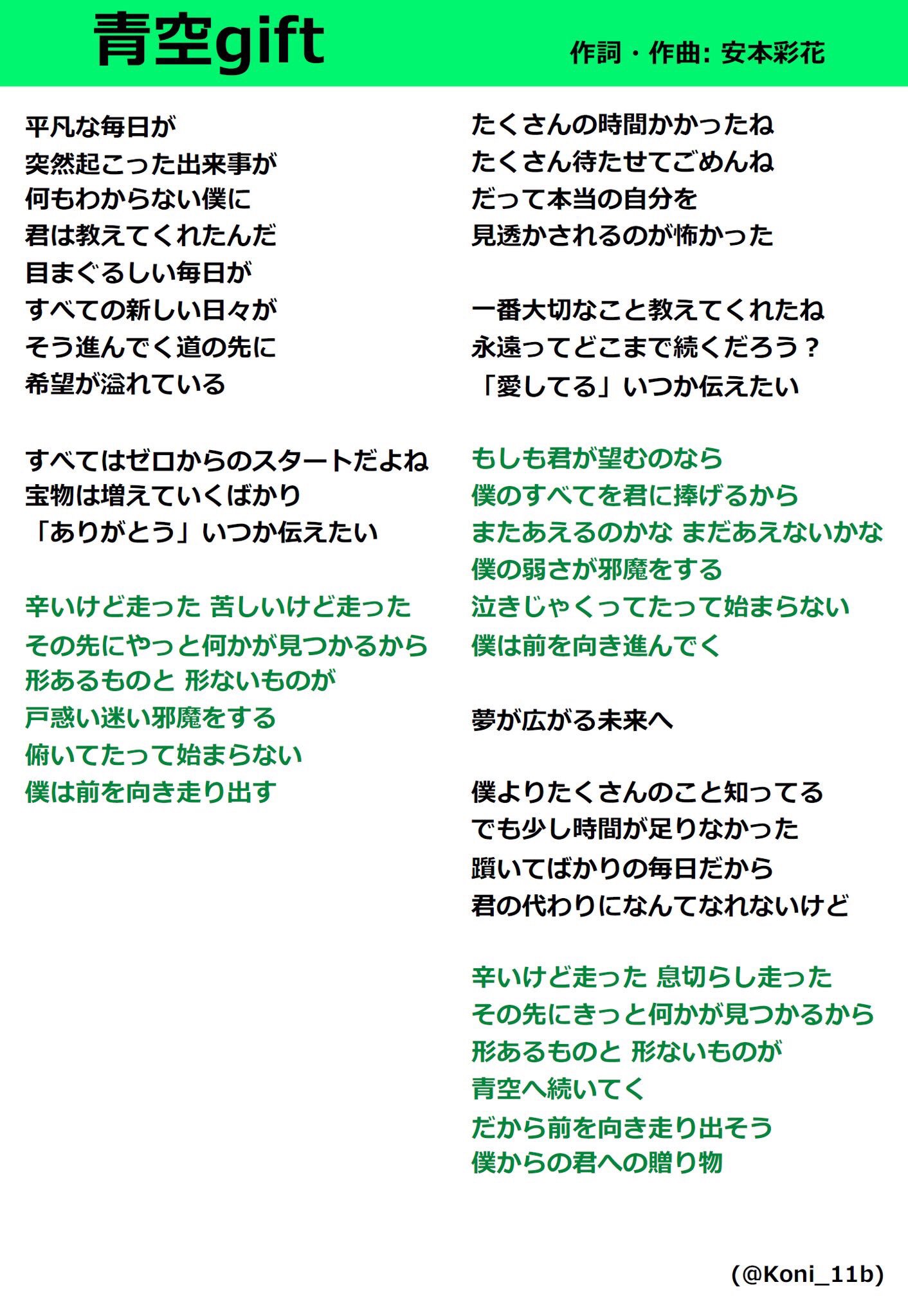 ５２４ A Twitter 青空gift 歌詞 安本彩花さんが作詞 作曲した 青空gift の歌詞を書き起こしました 改めて歌詞を意識しながら聴いたら本当に胸がつまる あの日から頑張ってるヤスの本心が この曲の中に見える気がして 安本彩花 青空gift Https