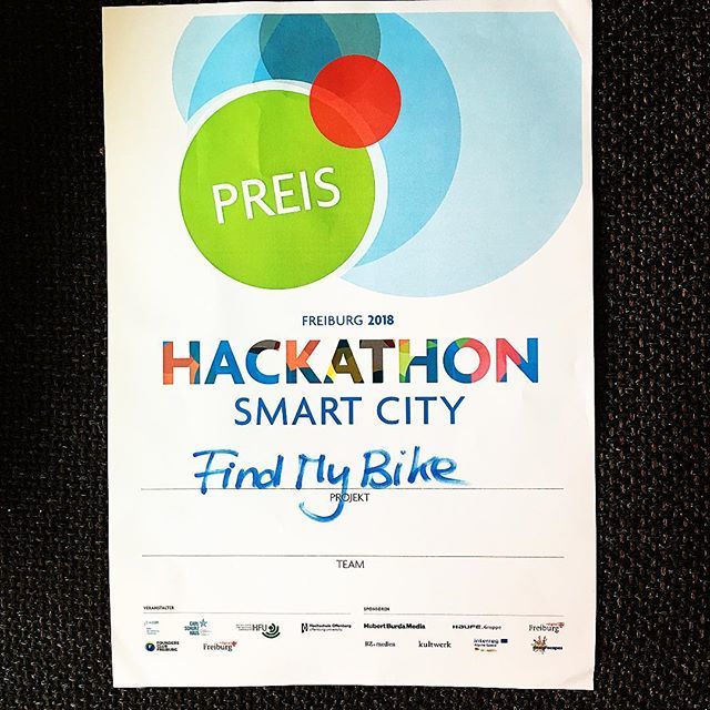 sbamueller's tweet photo. Danke 🙏, das unser Team den Hauptpreis 🥇 beim Hackaton für „Find my Bike 🚲“ gewonnen hat!
Anleitung: https://t.co/hzuP4ptz4g
#HackFr18 #digitalisierung #Fahrradtracker #biketracker #biketracking #zanesystem #zTube #fahrradstadt #fahrradjäger #gree… https://t.co/rVGgz9NIk6 https://t.co/BDqaNSkun8