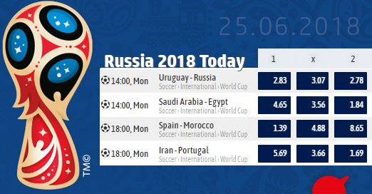 Just the right time to place your bets! Four breathtaking games will decide who get set for finales at groups A and B today. anonibet.com/sports   #UruguayRussia #SaudiArabiaEgypt #IranPortugal #SpainMorocco #DenmarkFrance #FIFAWorldCup #WorldCup2018