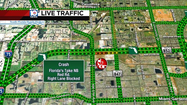CRASH: Florida's Tpke NB & Red Rd. A right lane is blocked and delays are building. #TRAFFIC https://t.co/On7mSCFeJ1