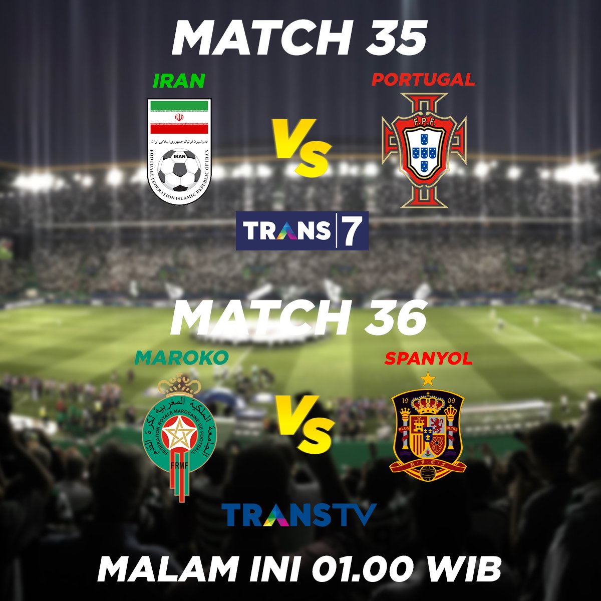 Wah, hari ini ada 4 match yang disiarkan langsung di <a href="/TRANSTV_CORP/">TRANS TV</a> &amp; <a href="/OfficialTRANS7/">TRANS7</a> 🔥🔥🔥🔥 Match mana yang bakal berlangsung seru, Guys?

#PialaDuniaTransmedia #WorldCup