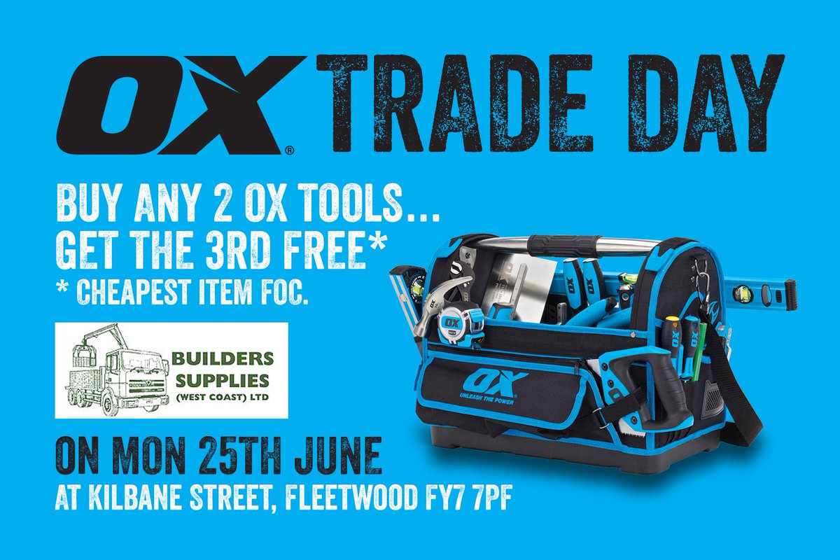OXtoolsUK's tweet image. Are you in the #Fleetwood Area? Visit the @OXtoolsUK stand at @BSupplies Trade Day EXCLUSIVE OFFERS and FREE REFRESHMENTS!