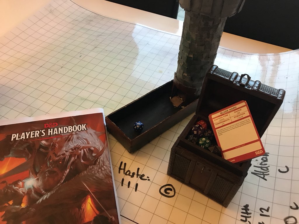 RoguishPuck's tweet photo. About to pick up where we left off! Facing off against an army of Dragonborn, both Chromatic and Metallic forced into serving an unjust ruler! And thanks to @TheCraftingMuse for the dice tower tutorial!! #dnd5e #daggerdaggerhastedactiondagger #roguetime #dndparty #allthenat20s https://t.co/lCBipTG0CL