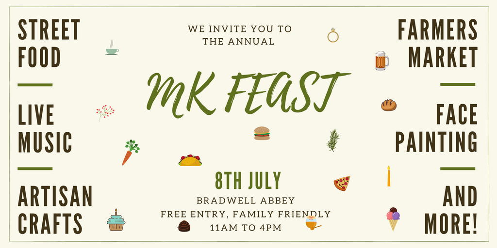 MK Feast takes place on the 8th July 11am-4pm at Bradwell Abbey. Look forward to street food, a farmers market, live music and a local bar run by <a href="/MKBiergarten/">MK Biergarten</a>, who have got a 'Bavarian pop up' planned! The event is FREE and very kids friendly! -> mkfoodrevolution.org/mk-feast/