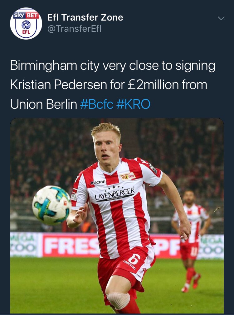 TransferEfl's tweet photo. BREAKING: Birmingham City have signed Kristian Pedersen from Union Berlin #BCFC #KRO https://t.co/bwsz7bRQHp