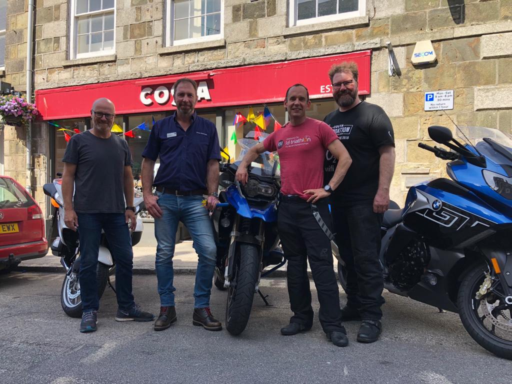 foundationsandy's tweet photo. Thanks @BMWMotorradUK for supporting @CostaCoffee MD Dominic Paul and team #CostaLongWayDown2018 Elgin to Helston in aid of @FoundationCosta  £5,500 raised and still climbing. https://t.co/UfRFeEPByY