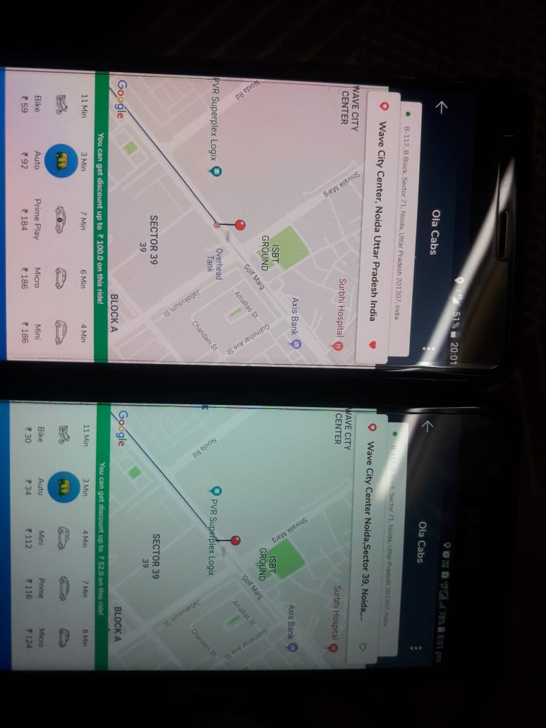RahulJain1009's tweet image. @Olacabs @ola_supports  @htTweets @timesofindia @TimesNow 
See the cheating of OLA ,two mobiles same location and same destination
On one mobile it is showing 36 Rs and On other mobile it is showing 90+rs.
On which 36rs is showing is not a frequent user..
#olaischeater #stopola