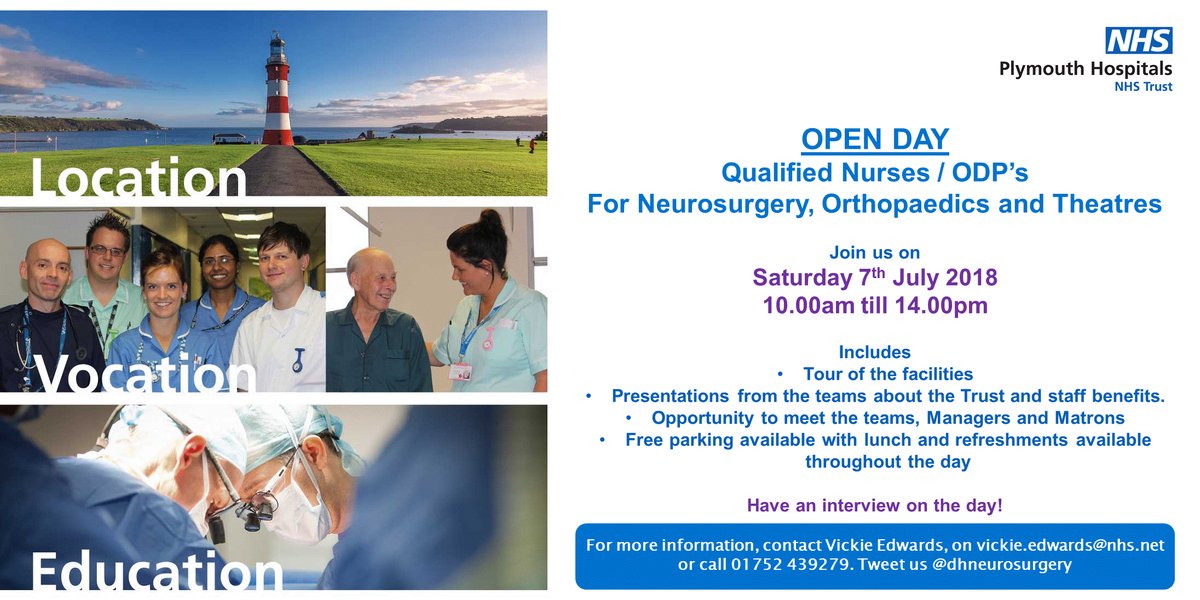 UHP Neurosurgery (@dhneurosurgery) on Twitter photo OPEN DAY - Saturday 7th July 2018.
We are looking to recruit qualified Nurses & ODP's to join the #Neurosurgery, #Orthopaedics & #Theatre team here at Derriford Hospital. Please get in touch if you're interested! Contact details below. <a href="/plymouthjobs/">Plymouth JOBS</a> <a href="/JCPinPlymouth/">JCP in Plymouth</a> #NHS #Derriford OPEN DAY - Saturday 7th July 2018.
We are looking to recruit qualified Nurses & ODP's to join the #Neurosurgery, #Orthopaedics & #Theatre team here at Derriford Hospital. Please get in touch if you're interested! Contact details below. <a href="/plymouthjobs/">Plymouth JOBS</a> <a href="/JCPinPlymouth/">JCP in Plymouth</a> #NHS #Derriford