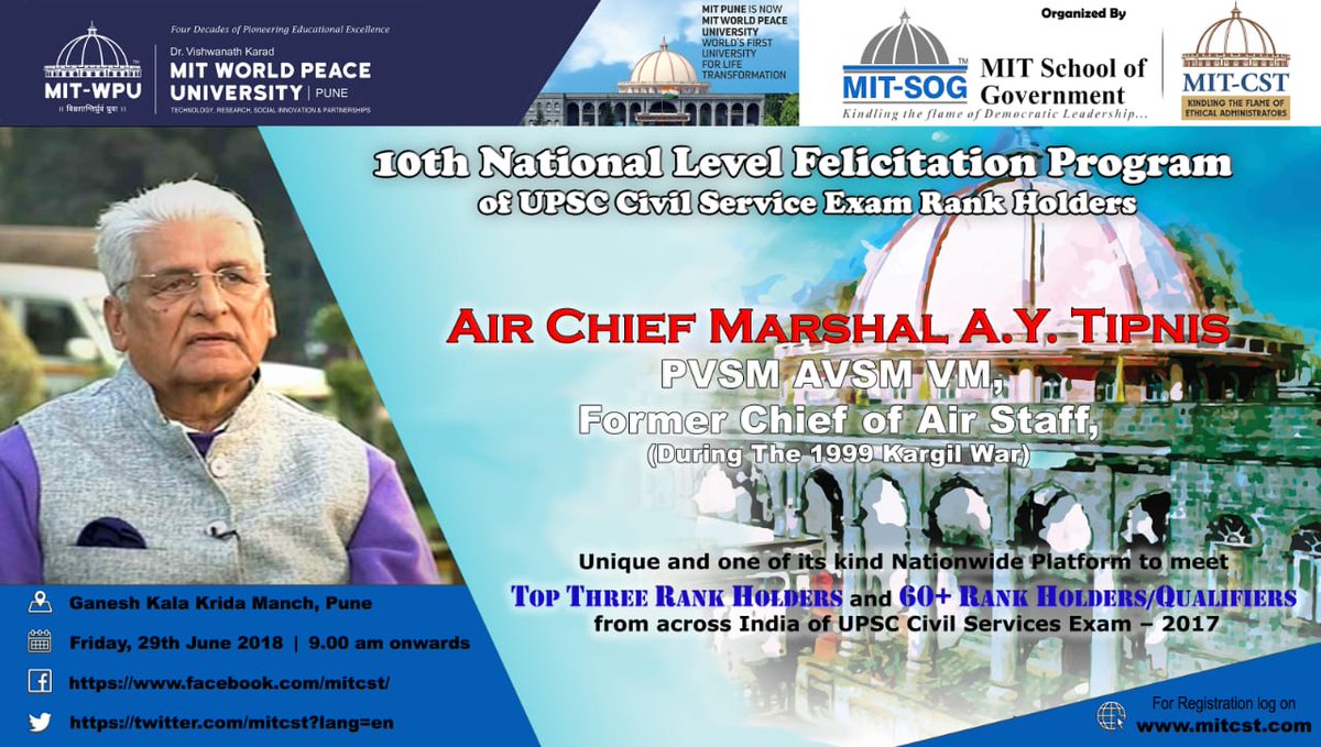 AkshadaLawate's tweet photo. Experience the presence of Air Chief Marshal Anil Yashwant Tipnis at 10th National Felicitation of UPSC on 29th June at Ganesh Kala Krida Munch,Pune on 9:00am 
Register in advance on the link and stand a chance to be a lucky draw winner for a study tour https://t.co/a25cUwILEI https://t.co/K7SC0tgaSA