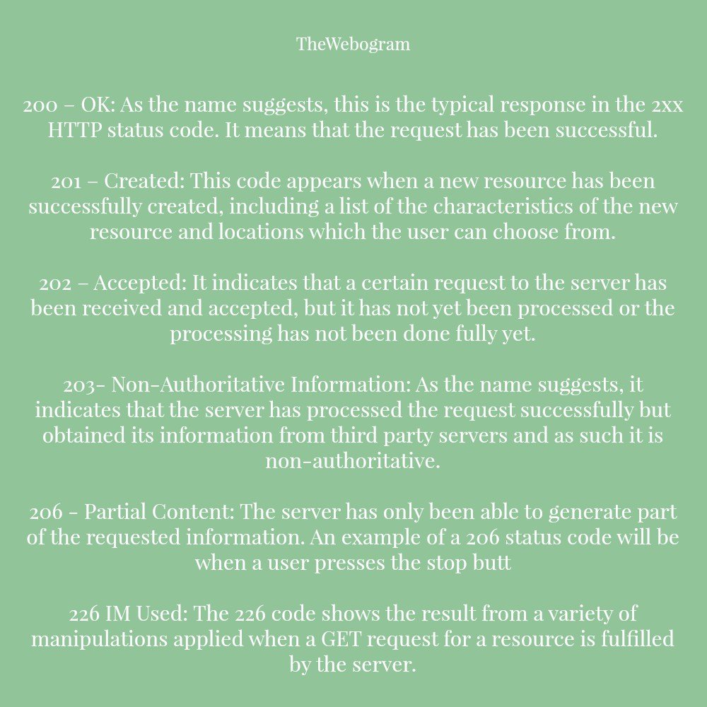 thewebogram's tweet image. HTTP #statuscode of #2xx series in the server response indicates that the client's request was successfully received, understood, accepted and processed successfully by the server.