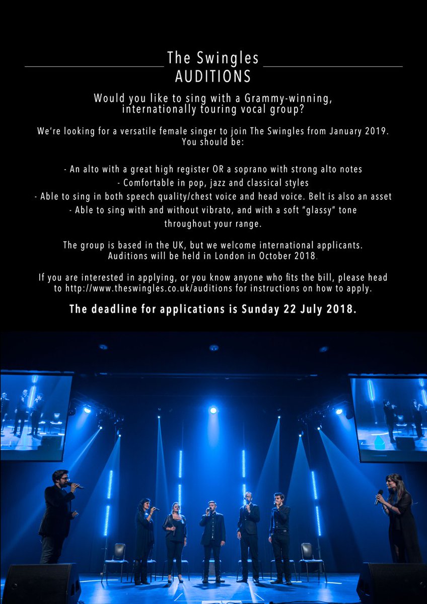 swinglesingers's tweet photo. Applications are now open to be the next member of The Swingles! We're looking for a brilliant, versatile female singer to join us next year. Head over to https://t.co/wCppyJwbw9 for full details! #theswingles #swinglesingers #auditions #vocalist #singerauditions https://t.co/0SxohQ62c8