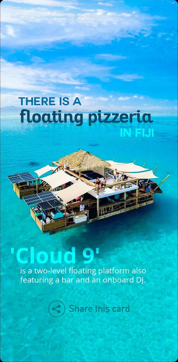 _PremYadav_'s tweet photo. There is s a two-level floating pizzeria in #Fiji known as #Cloud9,
which also has a bar and an onboard DJ.
#ClickImage👇
#Fact https://t.co/gIrh4aJ3qP