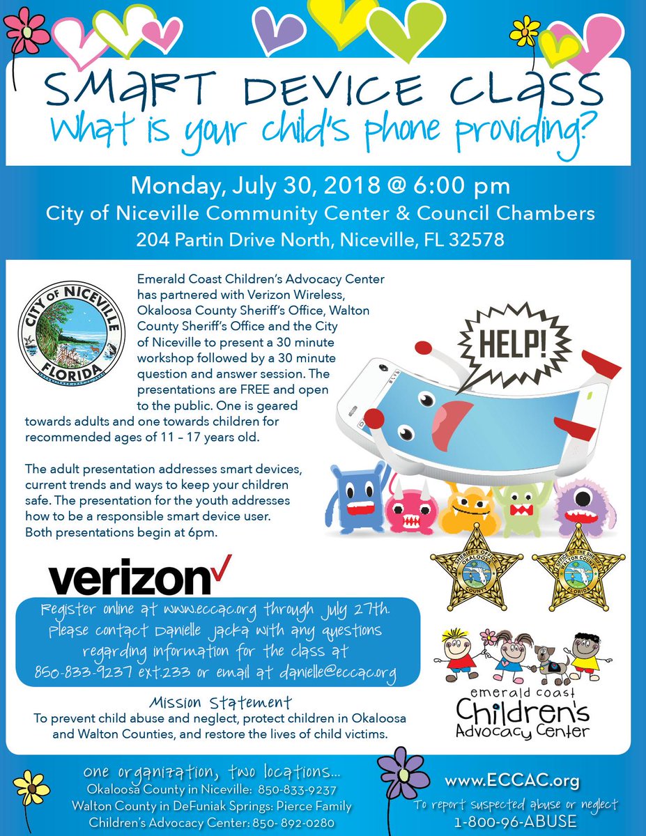 WHAT IS YOUR CHILD'S PHONE PROVIDING? . 📲
We are partnering with Verizon, Okaloosa County Sheriff's Office and Niceville Fla to hold a smart device workshop class in order to educate parents on how they can help protect their child from their smart phone!