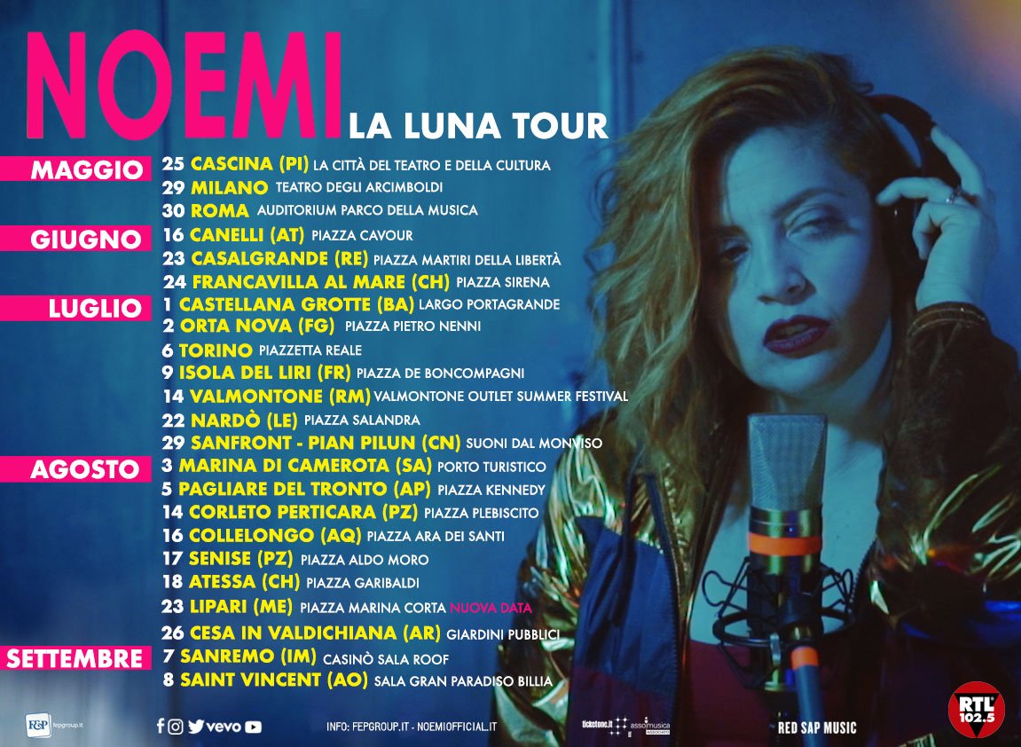 noemiofficial's tweet photo. #LaLunaTOUR arriva in #Sicilia 
Ci vediamo il 23 agosto a LIPARI, in Piazza Marina Corta!

#Noemi #SiciliaBedda #Tour #Live https://t.co/nJNDAy3nXh