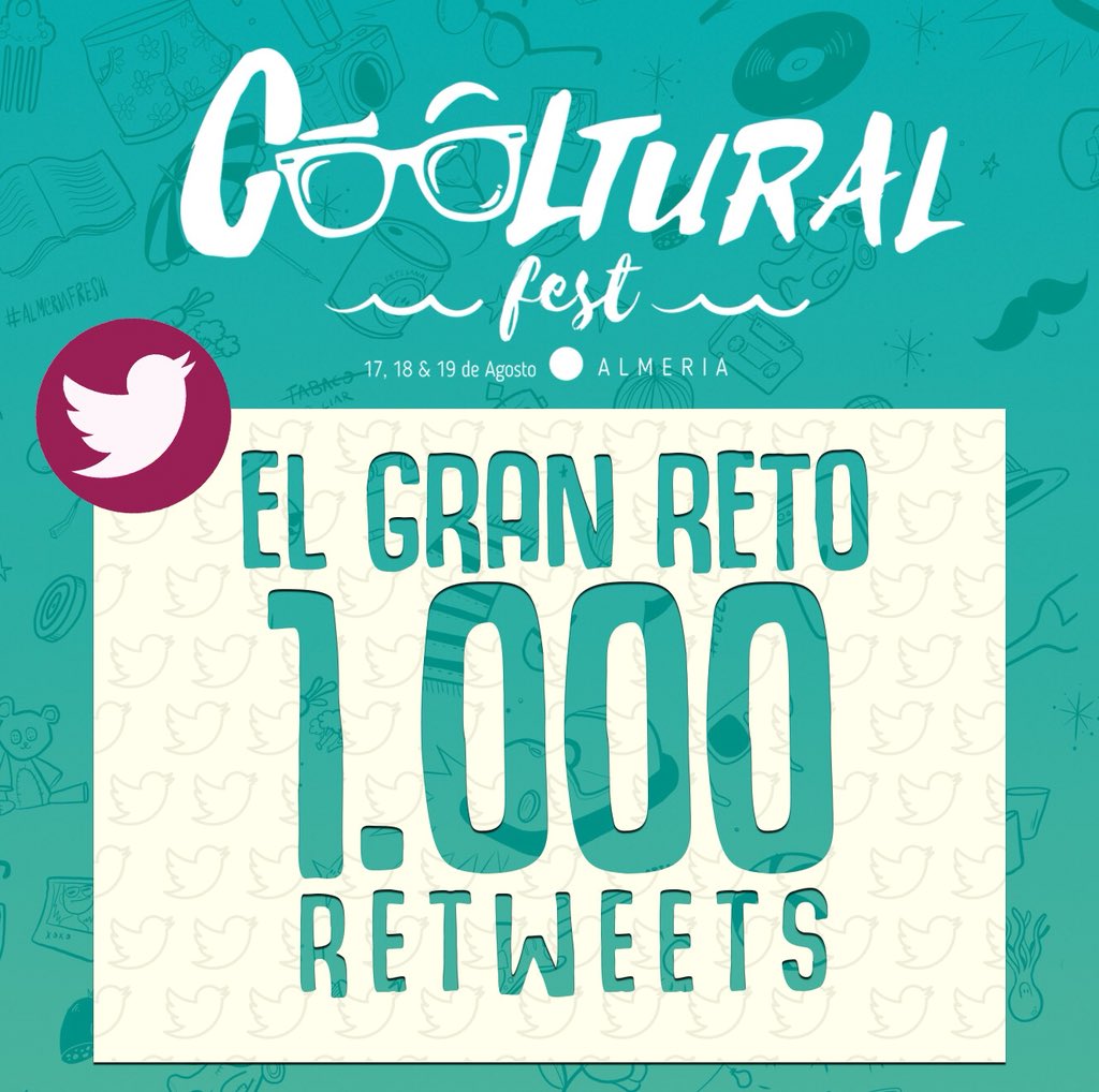 coolturalfest's tweet photo. #ElGranRetoCoolturalFest 
¿Que harías por venir al Festival por la cara? ¿Eres capaz de conseguir 1.000 Retweets?🐦
¡Pues regalamos un #ABONOGENERAL para el primero que lo consiga!🥇
Tenéis que hacer #RT a nuestro cartel y nombrar a @coolturalfest 
¡Mucha suerte Coolters!🤞🏼😎 https://t.co/UkX827Bvok