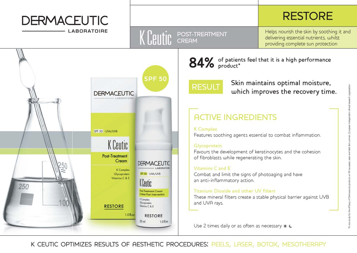 Dermaceutic's tweet photo. Quite possibly the most powerful product in the #Dermaceutic #7Essentials range. #KCeutic post-treatment cream features the unique K Complex active ingredient with #antioxidants &amp; glycoprotein to optimize recovery time. https://t.co/M171toTsw7 https://t.co/CvzmW82sDz