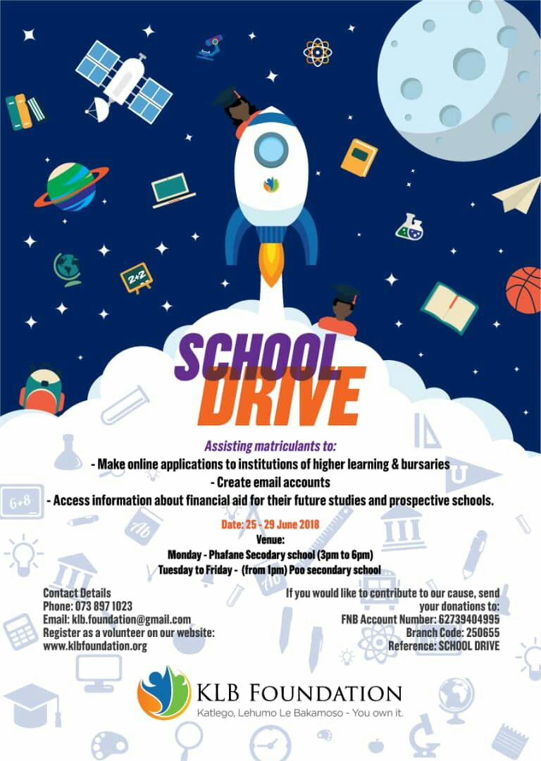 ArtizensZA's tweet image. The KLB Foundation #SchoolDrive starts today!💡

Volunteer to assist matriculants on their higher education journey. 📚