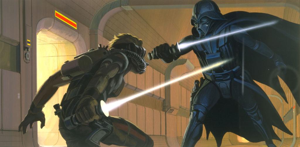 starwars's tweet image. Deak Starkiller faces off against Darth Vader in "Laser duel," iconic concept art by Ralph McQuarrie for Star Wars.