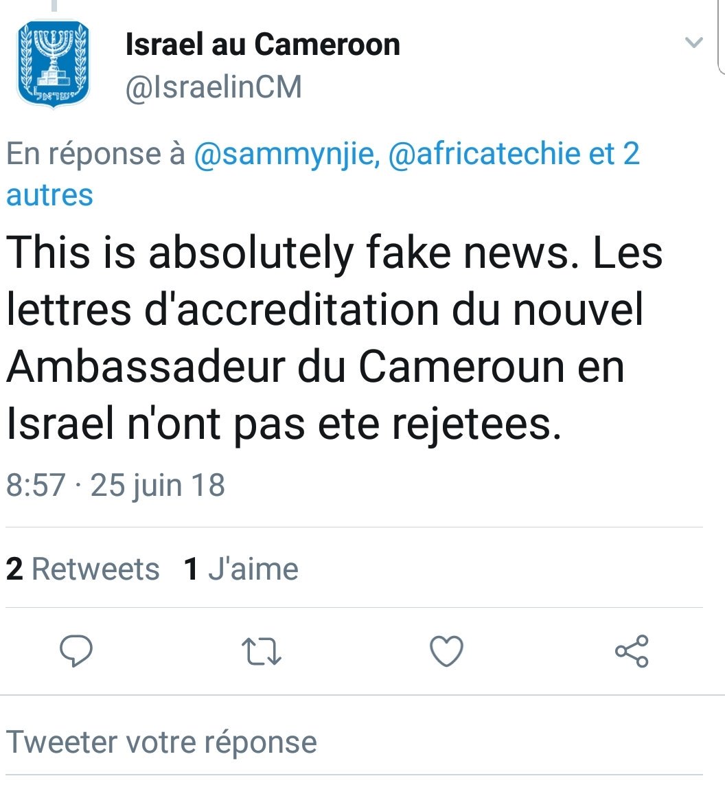 Que_Les_Faits's tweet photo. L'ambassade Israélienne au #237 @IsraelinCM dément les fakenews des terroristes et séparatistes. https://t.co/TyeITGOdnK