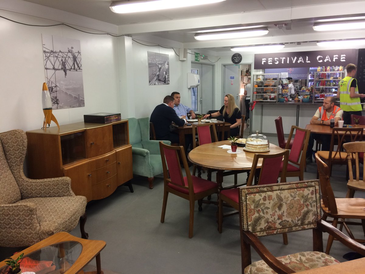 CWCSouthbankPl's tweet photo. Delighted to announce the opening of Grabinsky's new "Festival Cafe" at Southbank Place, celebrating the 1951 Festival of Britain which took place on this site. Thanks to cafe manager Lisa for cutting the ribbon! Loving the '50s vibe! Stop by for a coffee next time you're on site https://t.co/4UtnO2shHF