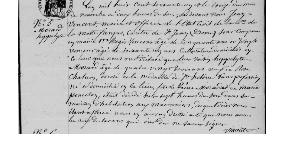 LDGenealogie's tweet photo. #1J1Ancêtre Fierté de savoir que #MORARD Hyppolite né le 25/06/1778 à La Motte Fanjas (26) époux de #CHATAIN Rose mariés le 11/09/1805 à St Thomas en Royans (26) décède le 12/11/1861 à l'âge de 83 ans décoré de la Médaille de Sainte-Hélène. Existe-il un document officiel pour ca? https://t.co/UtbUGr9vw0