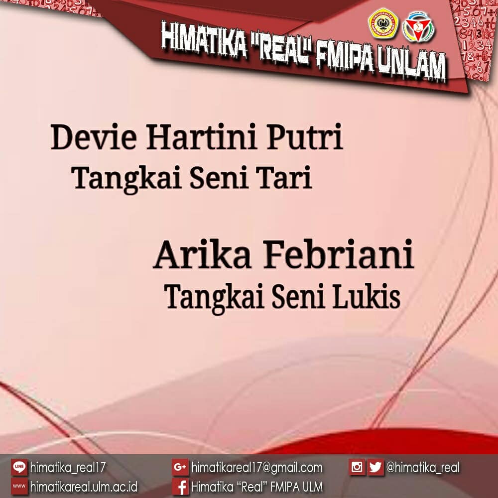 [Himatika "AWARD"]
.
.
Selamat dan sukses kepada 
1. Devie Hartini Putri (Tangkai Seni Tari)
2. Arika Febriani (Tangkai Seni Lukis)

Semoga selalu menjadi inspirasi.
.
.
[Departemen Media dan Informasi]
.
.

#Himatika”REAL"
#kabinetmetamorfosa
“Berjuta Rasa Bersatu Asa”