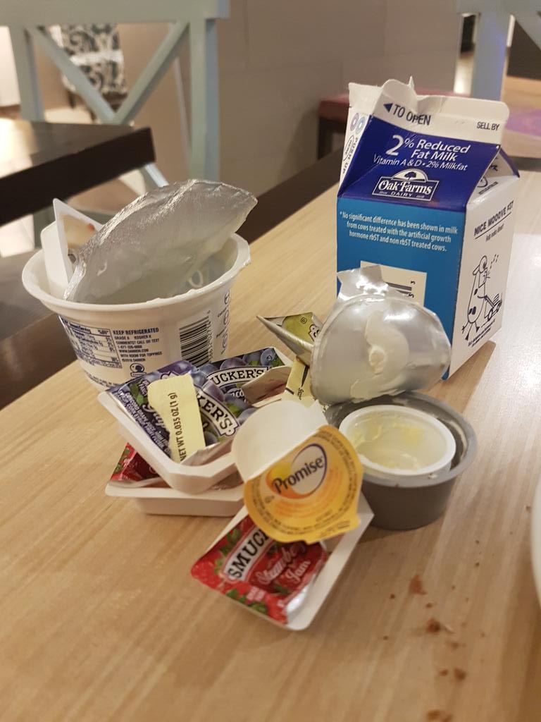 Miltzu's tweet photo. @HiltonHotels Staying at one of your hotels in Texas and a bit shocked about the unnecessary plastic waste at breakfast. Could you please consider other options with less waste? https://t.co/zYfz4hmxRr