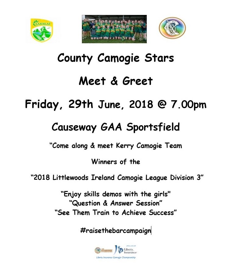 Kerry Camogie (@kerrycamogie) on Twitter photo This will be an excellent opportunity to meet @LittlewoodsIRL Div. 3 Champions & chat with the girls regarding their path to success & hopes for the future. All Welcome. <a href="/BallyroeHeights/">Ballyroe Heights Hotel</a> <a href="/MunsterCamogie/">Munster Camogie</a> <a href="/OfficialCamogie/">The Camogie Association</a> <a href="/Kerry_Official/">Kerry GAA</a> <a href="/radiokerrysport/">Radio Kerry Sport</a> #raisethebarcampaign This will be an excellent opportunity to meet @LittlewoodsIRL Div. 3 Champions & chat with the girls regarding their path to success & hopes for the future. All Welcome. <a href="/BallyroeHeights/">Ballyroe Heights Hotel</a> <a href="/MunsterCamogie/">Munster Camogie</a> <a href="/OfficialCamogie/">The Camogie Association</a> <a href="/Kerry_Official/">Kerry GAA</a> <a href="/radiokerrysport/">Radio Kerry Sport</a> #raisethebarcampaign
