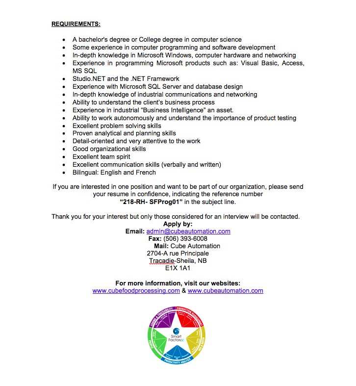 Cube Automation is hiring again! 
We are looking for a Software Programmer to complete our team. 
Interested? Please apply by July 10th.