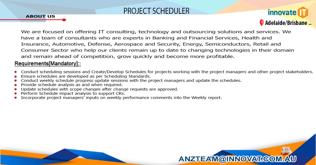 innovat_it's tweet image. Excellent Opportunity for ITSM Application Support Specialist to work in Adelaide &amp;amp;, Brisbane, Australia. If interested send us your resume to anzteam@innovat.com.au

#Innovate #ITJobs #ProjectScheduler