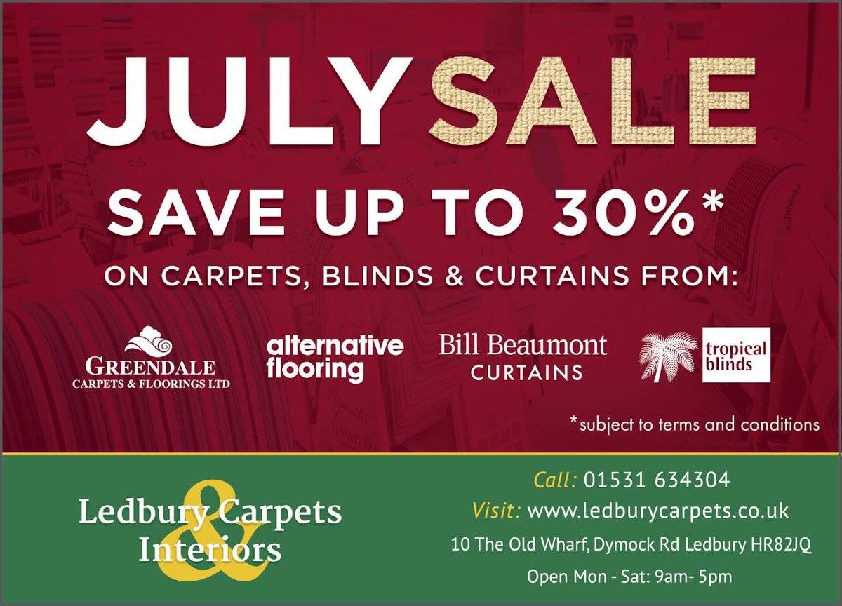 Hello @HerefordHour2 and the businesses in #ledbury and across the county! Our Summer Sale starts next week with up to 30% off <a href="/GreendaleCarpet/">Greendale Carpets</a>, <a href="/AlternativeFlr/">Alternative Flooring</a>, @BillBeaumontTxt and many more! More about us at: Ledburycarpets.co.uk #herefordhour