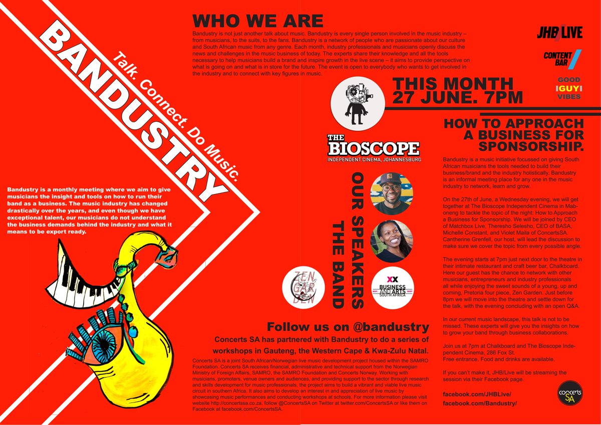 SAMROMusic's tweet photo. Calling all young musicians! Keen to learn how to approach businesses for sponsorship? Well, the folks at @bandustry &amp; @ConcertsSA have a free discussion just for you this Wednesday, at The Bioscope Independent Cinema in Maboneng. Check poster for all the details. https://t.co/bmzvJ1Re05