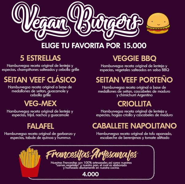 CaballeteVeg's tweet photo. CONOCE NUESTRO NUEVO MENÙ #veganburgers EN NUESTRAS SEDES USAQUÈN Y CHICÒ !!! https://t.co/bVEqOhxN9z