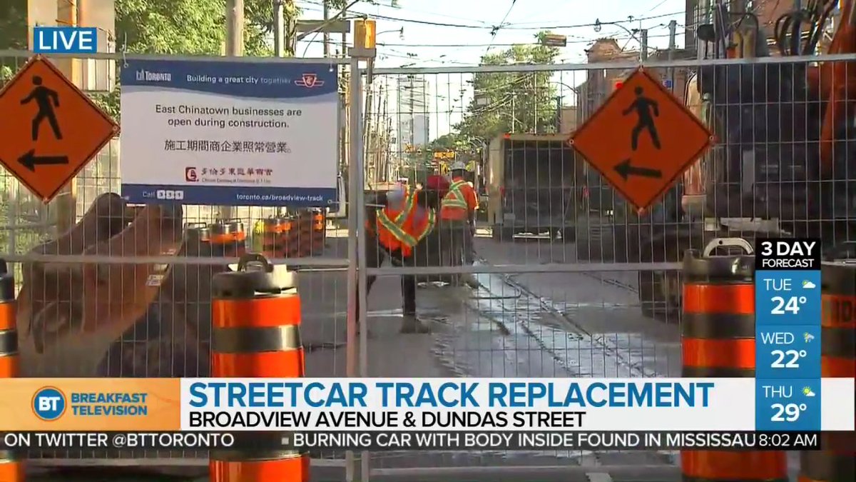 Broadview and Dundas closed for a month for streetcar track replacement ow.ly/AxvR30kEi8O https://t.co/OKfm3cw2bL
