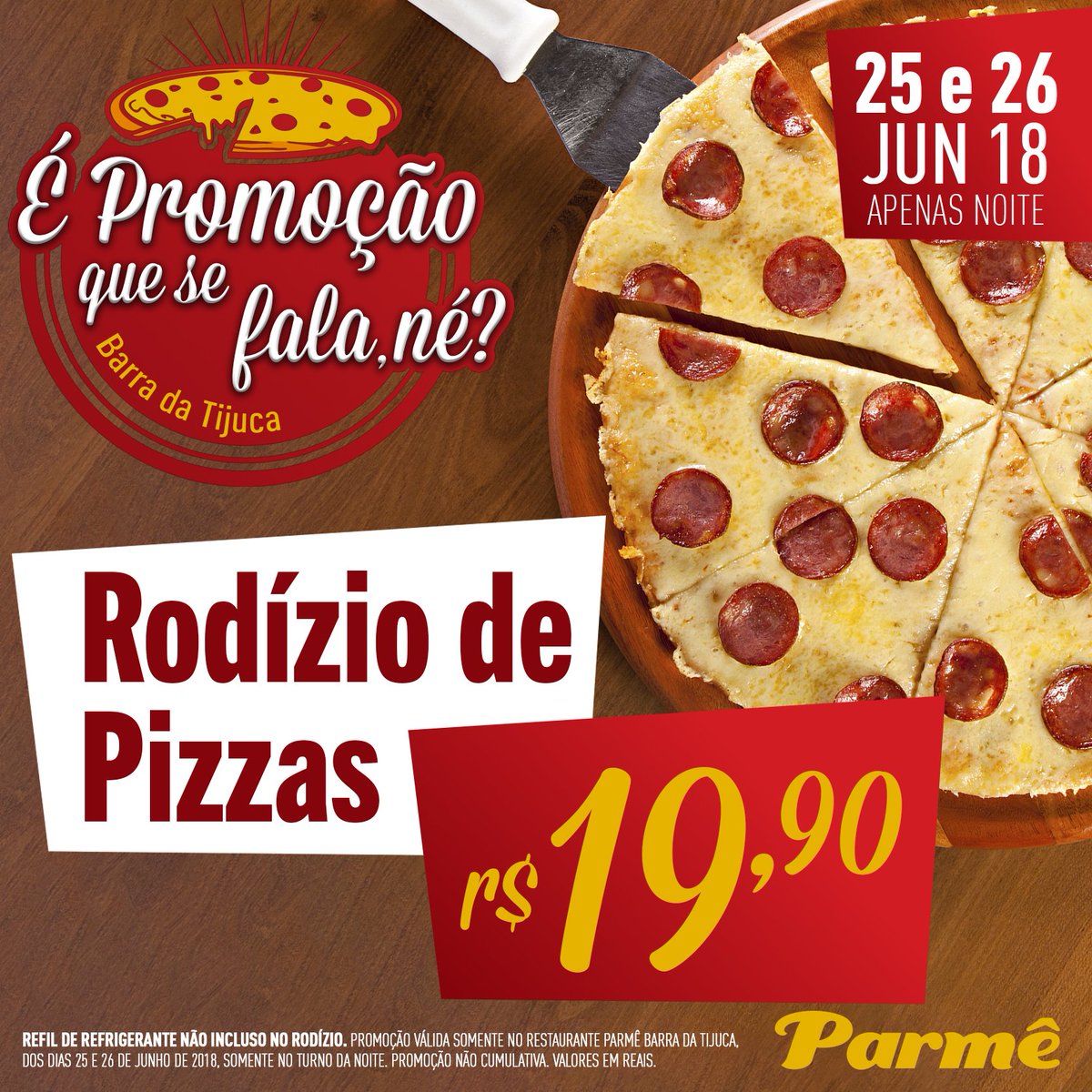 parmebr's tweet photo. É Promoção que se fala, né?! 🍕🍕

Se liga na promoção do rodízio exclusivo para a loja da Barra da Tijuca!!😍🤗

Rodízio de pizzas  por R$ 19,90 na loja da Barra ( Noite).

#RodiziodePizza #ParmeBarra #Lacrou #Promocao #Partiu #comendopelomundo #gordelicia #comida #gastronomia https://t.co/Fzf1aQQ2GL