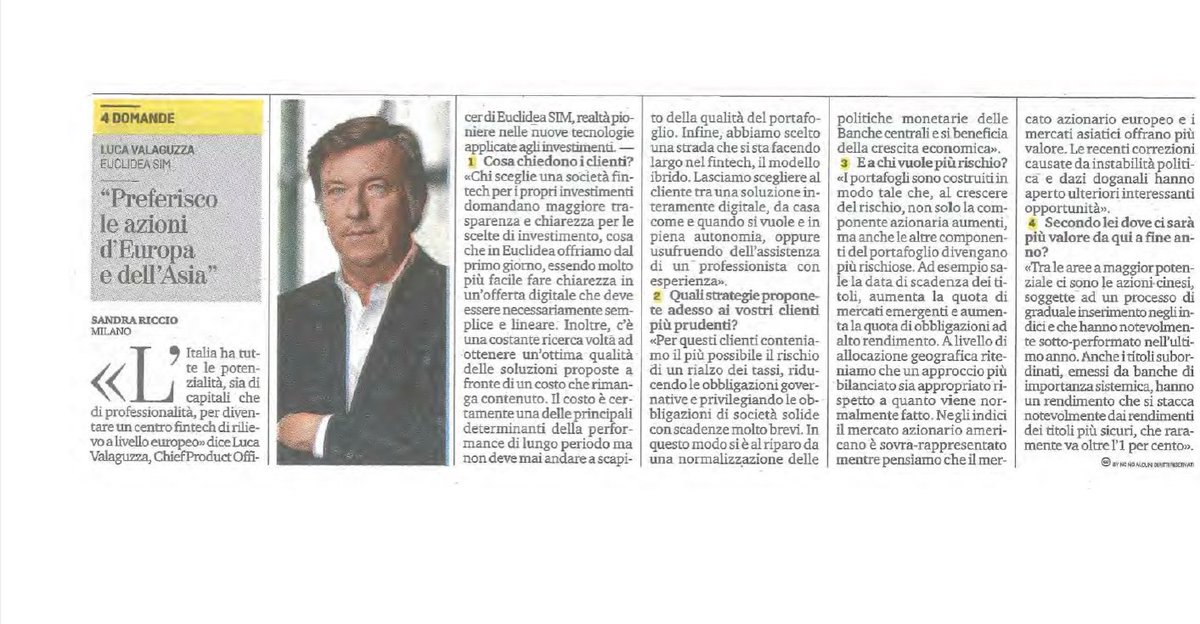EuclideaSIM's tweet photo. "L’#Italia ha tutte le potenzialità, sia di #capitali che di professionalità, per diventare un centro #fintech di rilievo a livello europeo." Oggi su @LaStampa l'intervista a #LucaValaguzza, founder &amp; CPO di Euclidea. #rassegnastampa #investimenti #portafoglio #mercati https://t.co/lC9YwCucjS