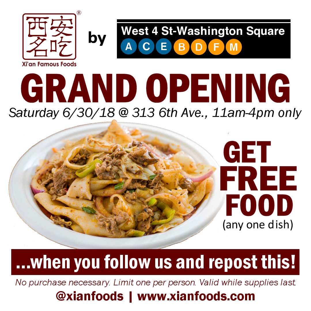 xianfoods's tweet photo. We are opening in West Village! On Sat 6/30, our location at 313 6th Ave. will be having its grand opening!
Be a follower and repost this (here or our post on instagram/facebook/weibo) and show our store staff on Sat 6/30 11am-4pm at this location to get a free dish! https://t.co/VmTItCA6JI