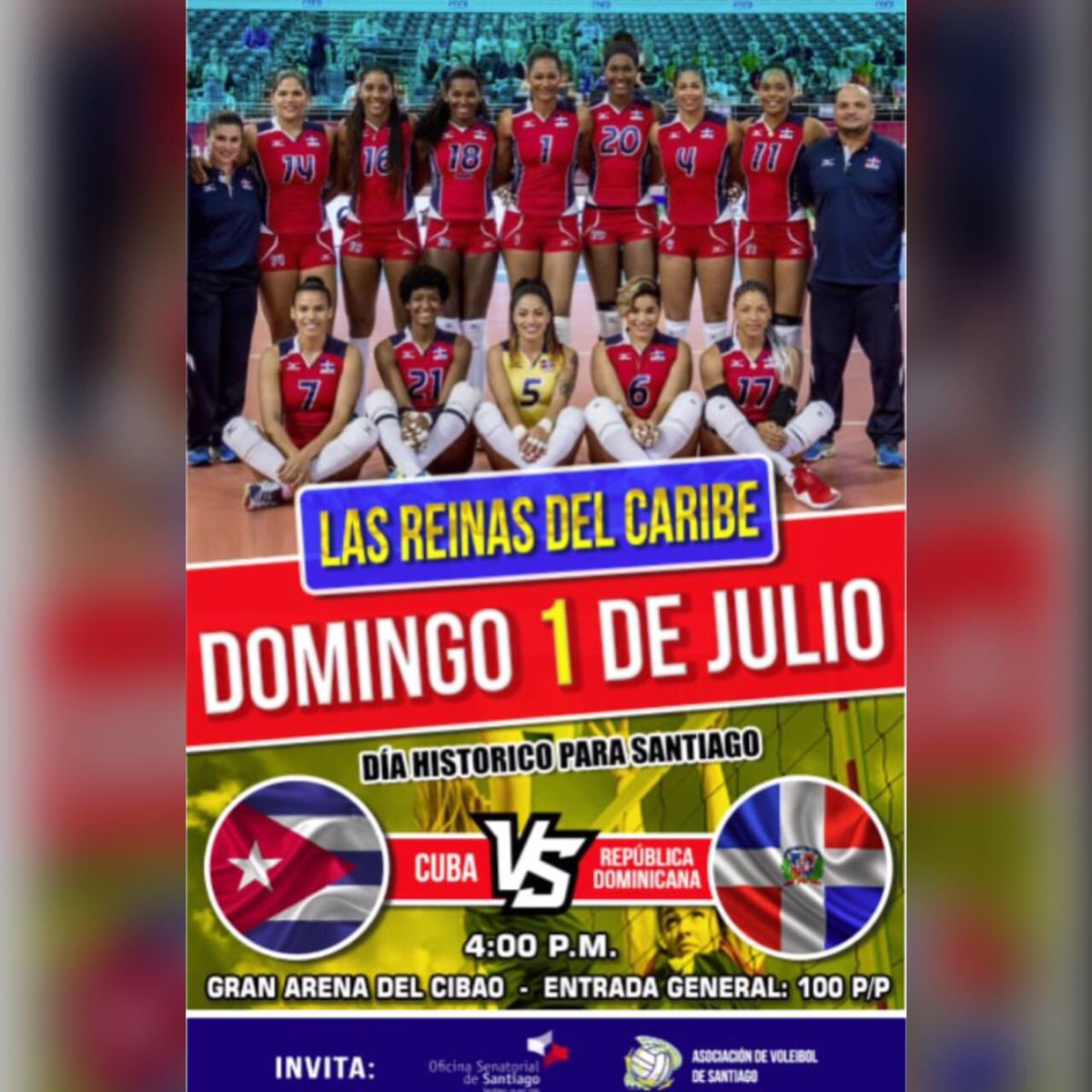 VoleiFemRD's tweet photo. ATENCIÓN SANTIAGO!! Este próximo Domingo 01 de Julio #LasReinasDelCaribe estarán enfrentando a #Cuba en un partido amistoso con miras a la #copapanamericana que se jugará en el pais.

El partido será en la Gran Arena dela Cibao,aprovecha la oportunidad de ver en VIVO a Dominicana https://t.co/GC8vs7k2dk