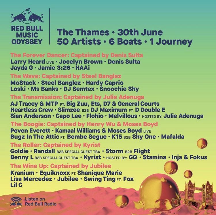Red Bull Music Odyssey - 30th June 2018 / The Thames 🛥🌊 -

Featuring:
<a href="/realmostack/">STAKK!</a> <a href="/steelbanglez/">Steel Banglez</a> <a href="/HardyCaprio/">Hardy Caprio</a> <a href="/LoskiHarlem/">z</a> @MsBanks94 <a href="/DJSemtex/">DJSemtex</a> <a href="/ajtracey/">aj tracey</a> <a href="/ItsBigZuu/">Zig Buu</a> <a href="/DDoubleE7/">D Double E</a> <a href="/CapoLee100/">Lxrd Capo</a> &amp; More!

Tickets &amp; Info: redbull.com/odyssey

@redbullmusicuk <a href="/grime/">GRIME</a> <a href="/kmogrime/">KMO</a>  #grime