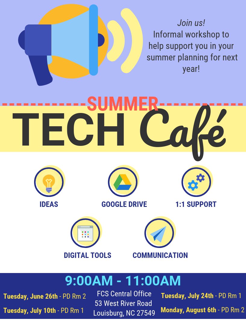 ✔ In case you missed it! We will offer a Tech Café this summer at <a href="/FCSchoolsNC/">Franklin County Schools</a> Central Office! Our SECOND session will begin Tuesday, July 10th from 9:00-11:00AM. Grab your ☕️ and join us! 👇