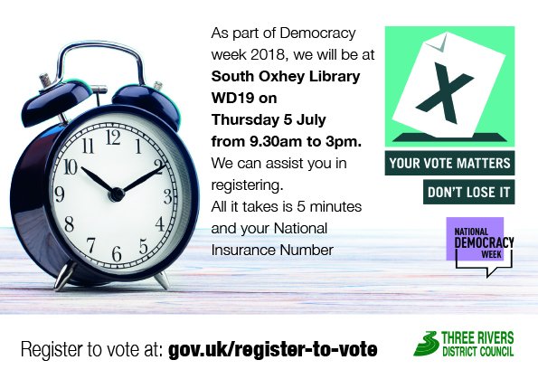 ThreeRiversDC's tweet photo. #Yourvotematters
As part of #Democracyweek. On the 5 July, we will have staff at South Oxhey library to assist you in registering to vote.  @NDWeek2018 #votingvoice @ElectoralCommUK https://t.co/XmI3cySPgh