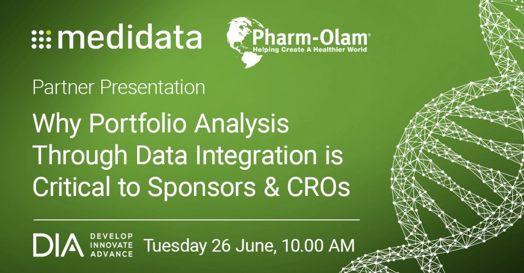 Medidata's tweet photo. Will we see you at #DIA2018? Don't miss the presentation by @Pharm_Olam on, ‘Why Portfolio Analysis Through Data Integration is Critical to Sponsors &amp; CROs.’ See you at @DrugInfoAssn, booth #1907! 
https://t.co/fK6MMsVV6U
#clinicaltrials https://t.co/oZV8MpOWUN