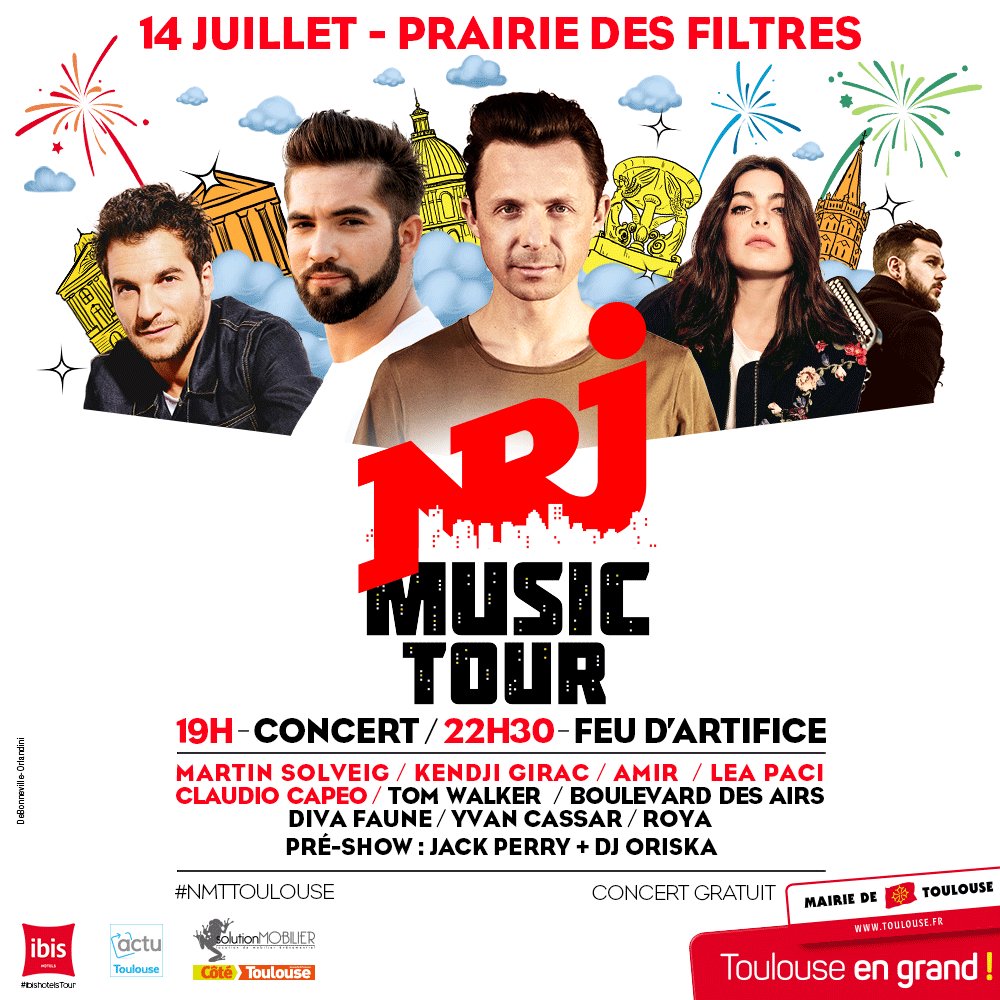 💥💥💥CONCERT GRATUIT💥💥💥 
Le NRJ MUSIC TOUR sera le 14 juillet à la Prairie des filtres avec vos stars #NRJ!!!! 🚨🚨🚨 #MartinSolveig #Kendji #Amir #Roya #ClaudioCapéo #LéaPaci #TomWalker #DivaFaune #BoulevarddesAirs #YvanCassar 😍😍
Pré show : #JackPERRY #DJOriska 🔥😍☀️🎆