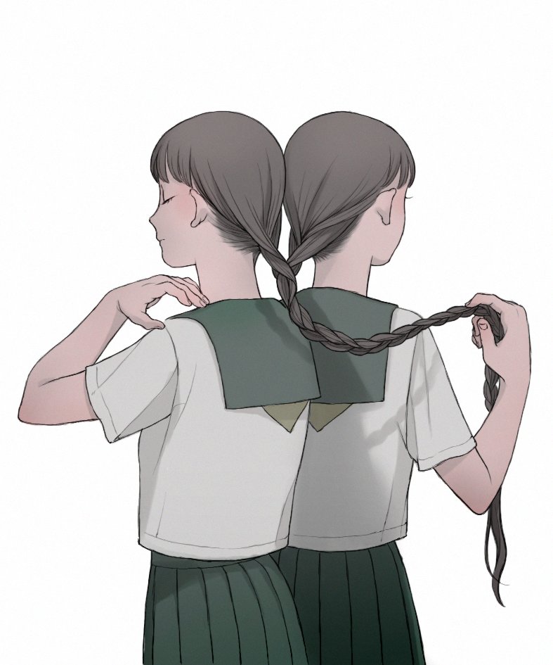 multiple girls 2girls skirt braid closed eyes school uniform white background  illustration images
