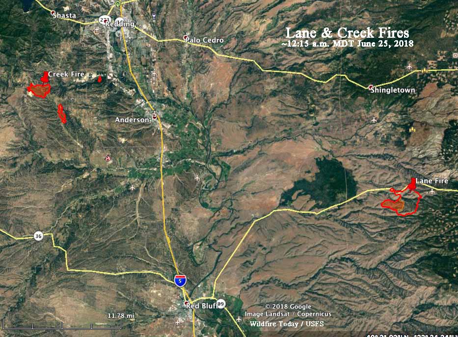 wildfiretoday's tweet image. Overnight mapping of 2 #wildfires in N. California.  #LaneFire (3,717 acres) and #CreekFire (approximately 1,145 acres)