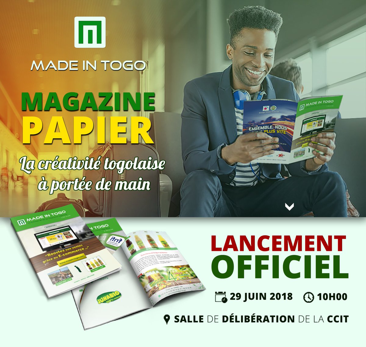 madeintogo_com's tweet photo. A l’occasion de la sortie du Magazine et de l'Application mobile Made in Togo, nous sommes heureux de vous inviter à la cérémonie de lancement ce 29 juin  à la CCIT (10h).

Ensemble, valorisons le savoir-faire togolais.

#MadeinTogo #Denyigban #TgTwittos #OnSeSoutient #team228 https://t.co/T81haTz4eB
