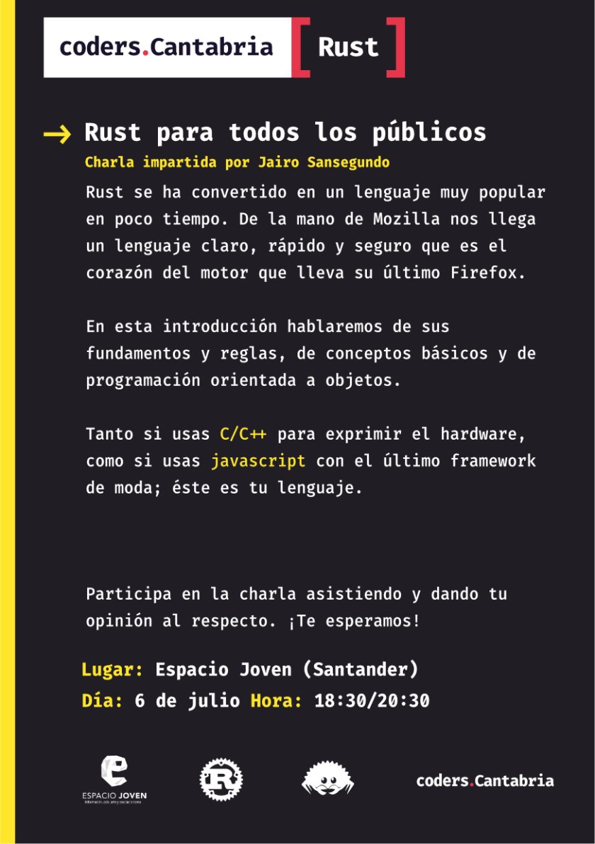 CodersCantabria's tweet photo. Despues de la playa, teneis una cita en @CodersCantabria  "Rust para todos con @Lomedil   en @ejovensantander . Resto de info en https://t.co/ZqXzsPdWoi https://t.co/Nc3HzYaAYB