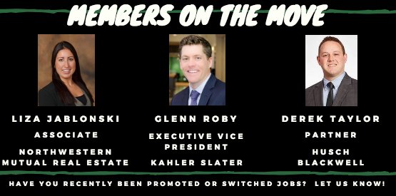 CREDAWisconsin's tweet photo. @NAIOPWisconsin members on the move! Congratulations to @LizaJablonski @DerekJT31 and Glenn Roby @KAHLERSLATER on their new positions/promotion!  #MemberNews #NAIOPMembersRule https://t.co/iQcIU0nGXH